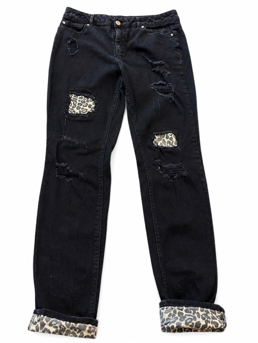 High-Rise Black Distressed Women's Jeans with Leopard Patch Accents